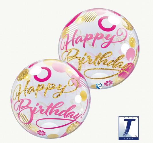 Happy Birthday Pink & Gold Dots Bubble Balloon (22 Inch)