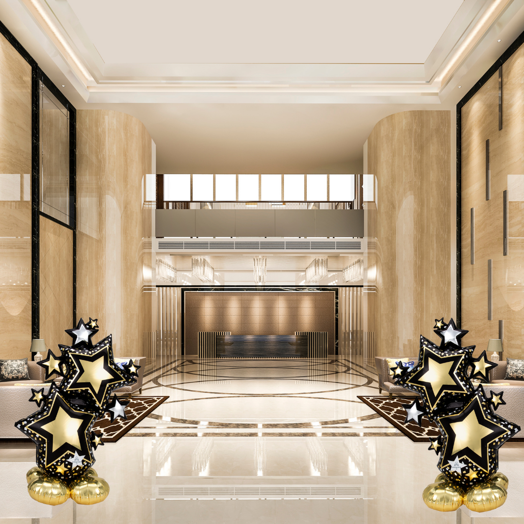 Airloonz Giant Elegant Black and Gold Star Cluster Balloon Display double entrance
