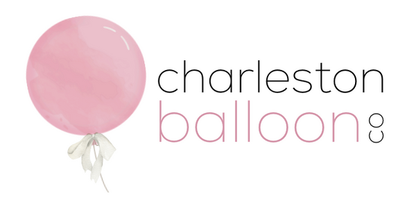 Logo of pInk balloon with white bow Charleston Balloon Co Text