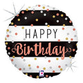 Happy Birthday Black and White Stripes Rose Gold Dots 18" Foil Balloon