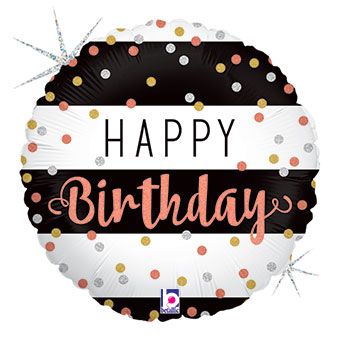 Happy Birthday Black and White Stripes Rose Gold Dots 18" Foil Balloon