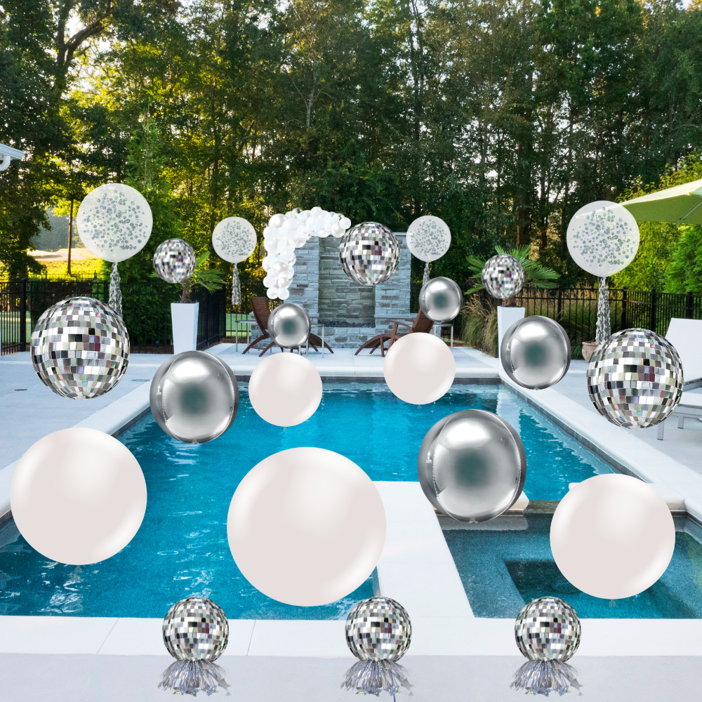 Silver and White Disco Balloons Pool Package