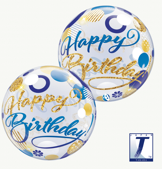 Happy Birthday Blue & Gold Dots Bubble Balloon (22 Inch)