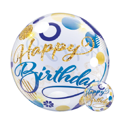 Happy Birthday Blue & Gold Dots Bubble Balloon (22 Inch)