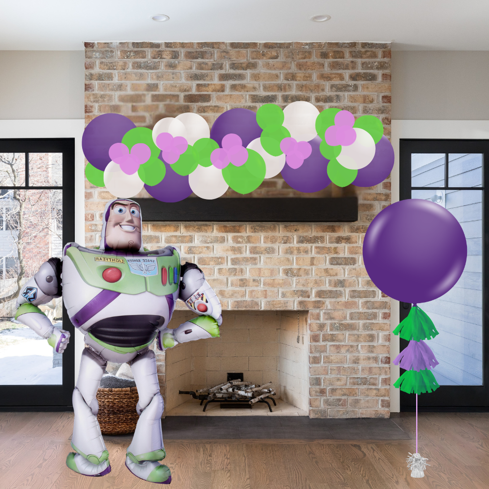 Buzz Lightyear toy and purple balloons in front of a brick fireplace.