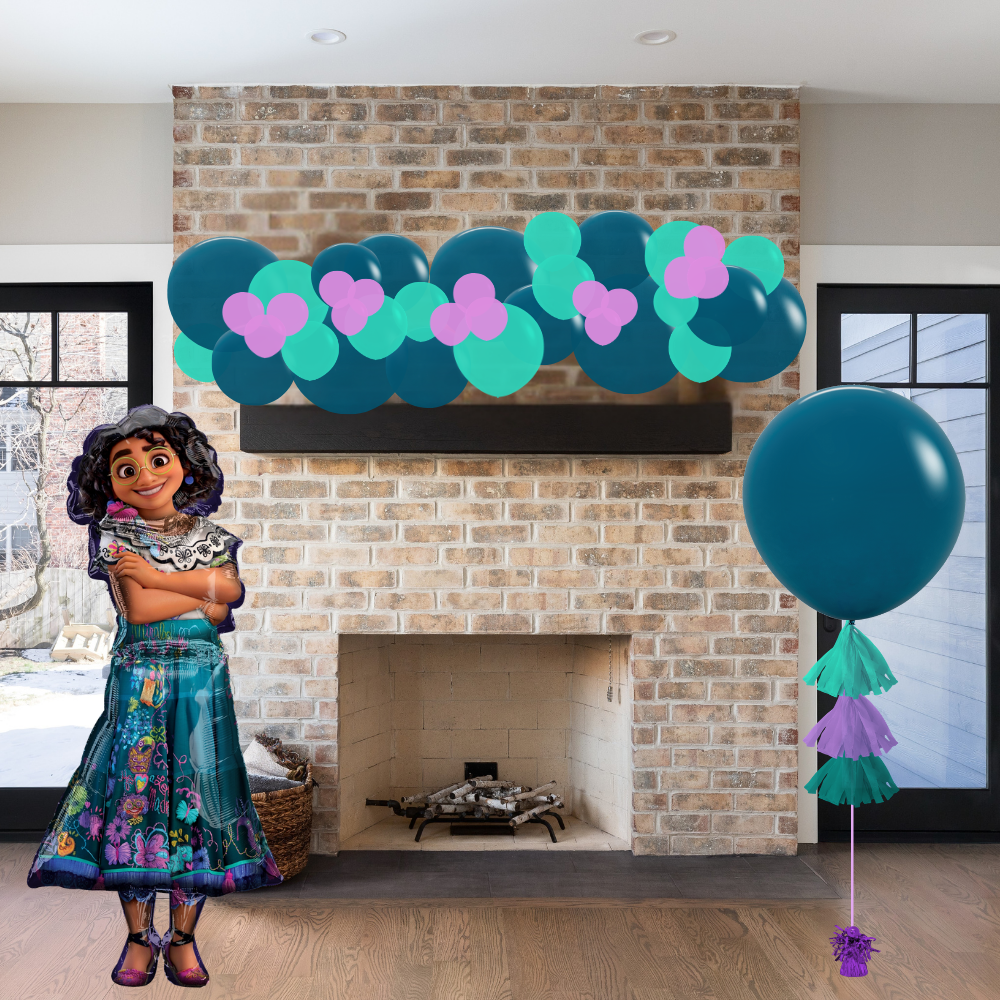Animated character standing next to a decorated fireplace with balloons and streamers.