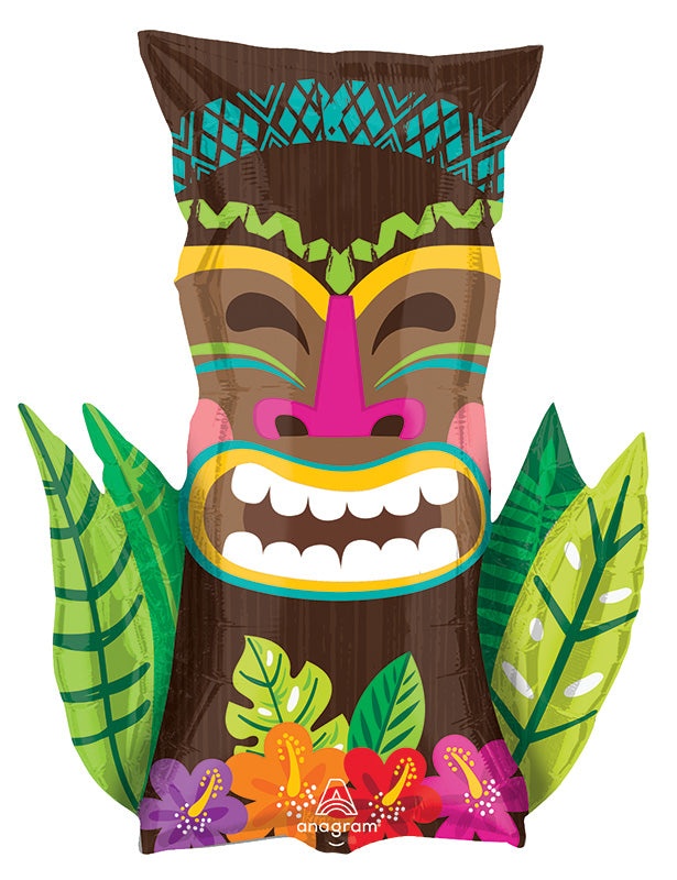30 inch large tikit head foil balloon with leaves nad tropical flowers
