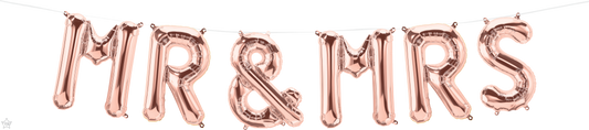 Non-floating, Rose Gold Mr and Mrs Hanging Balloon Set