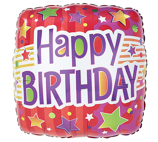 Happy Birthday Red/Orange Stars Stripes and Dots Balloon (18 Inch)